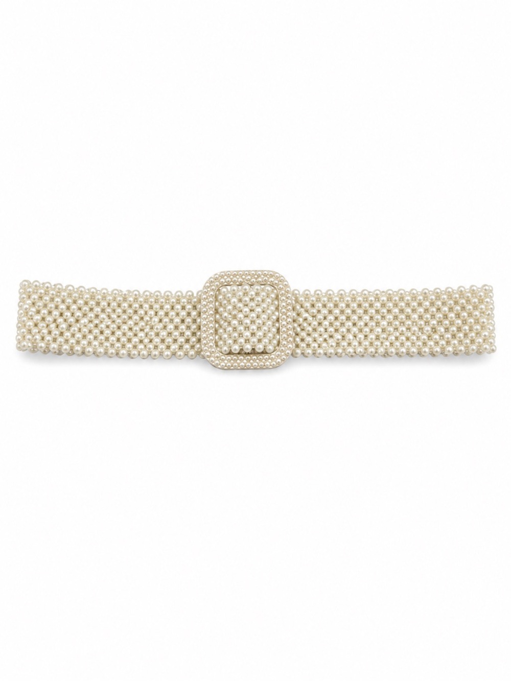 Faux Pearl Stretch Waist Belt Ivory Beaded Square Buckle Elegant